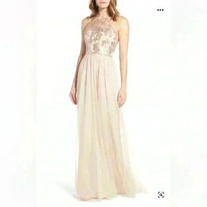 AMSALE Dress 14 Sequin Embellished Maxi Halter Neck Tulle A-Line Cocktail Beige